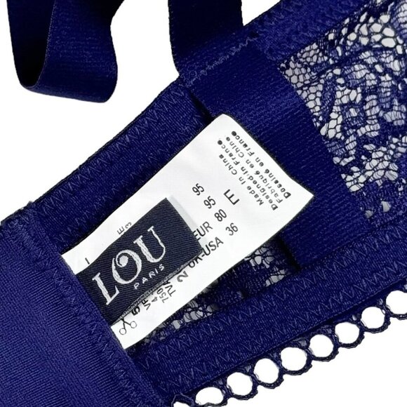 NWOT Lou Paris Satin T-Shirt Bra Sz.E Blue Lace Underwire Sexy Lingerie Feminine - Picture 7 of 10